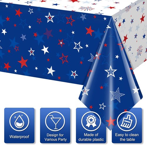 Jectivs Patriotic Tablecloths - 3 Pack Independence Day Decor | 54 x 108 Inch Plastic Covers with Stars & Fireworks