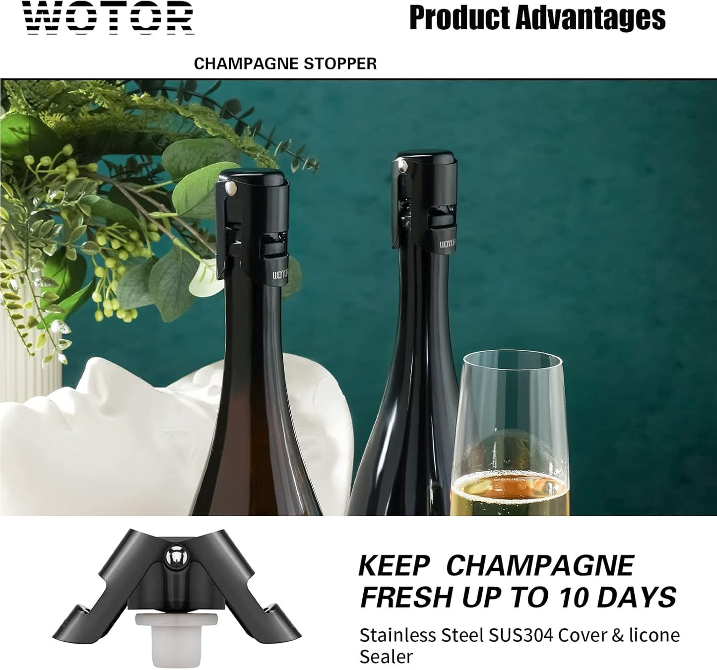 WOTOR Champagne Stoppers with Stainless Steel Champagne Bottle Stopper with Food Grade Silicone Reusable Champagne Cork, Saver Suitable for Champagne, Cava, Prosecco, Sparkling Wine (Black, 2pack)