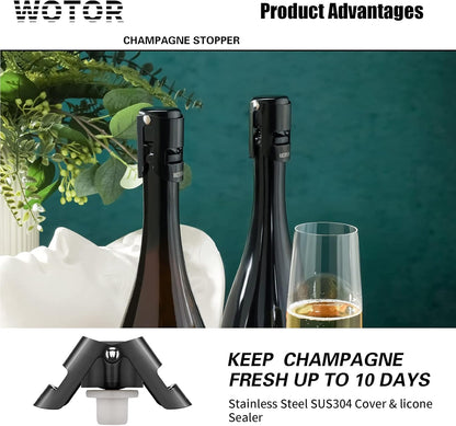 WOTOR Champagne Stoppers with Stainless Steel Champagne Bottle Stopper with Food Grade Silicone Reusable Champagne Cork, Saver Suitable for Champagne, Cava, Prosecco, Sparkling Wine (Black, 2pack)