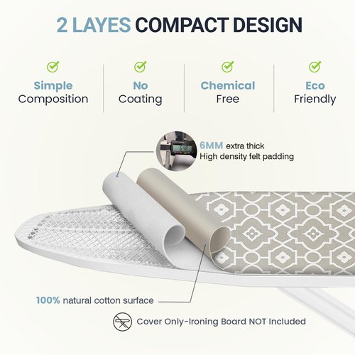 UniSimp Ironing Board Cover and Pad 15"x54" Extra Thick Natural Cotton, Scorch and Stain Resistant Padding, Standard Size Iron Board Cover with Fasteners Heavy Duty Elastic Edge, Heatproof Geometric