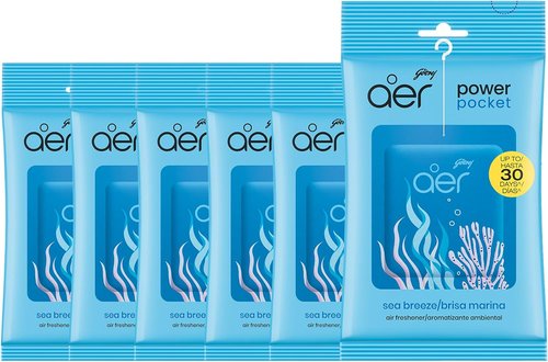 Godrej Aer Power Pocket Bathroom Fragrance - Sea Breeze Scent | 10g, 6-Pack, Blue