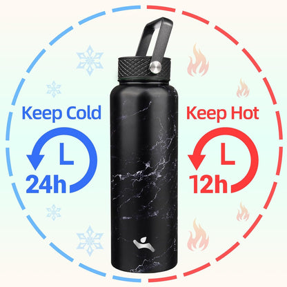 Skiennix 40oz Insulated Stainless Steel Water Bottle - Marble Midnight | 3 Lids Included