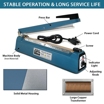 ROMECH 12 Inch Impulse Bag Sealer, Solid Metal Housing Heavy Duty Manual Heat Sealer Machine with Spare Parts for Sealing Plastic Bags & Shrink Wrap Bags (400W)