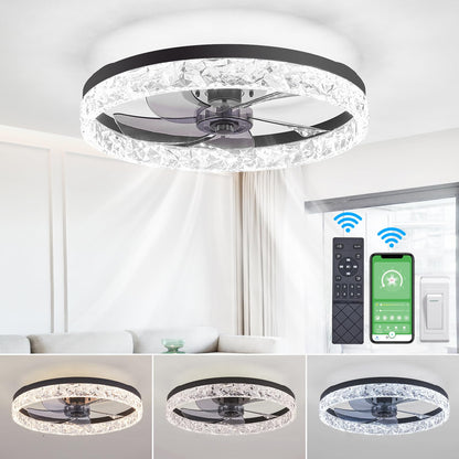 Modern Ceiling Fans with Lights Dimmable, flush mount ceiling fan with lights and remote, 20'' fandelier ceiling fan with light ,bladeless ceiling fan with light for Bedroom Living Room Kitchen