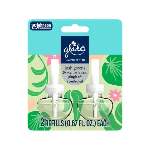 Glade PlugIns Refills Air Freshener, Lush Greens & Water Lotus, Scented and Essential Oils for Home and Bathroom, 0.67 Fl Oz, 2 Count