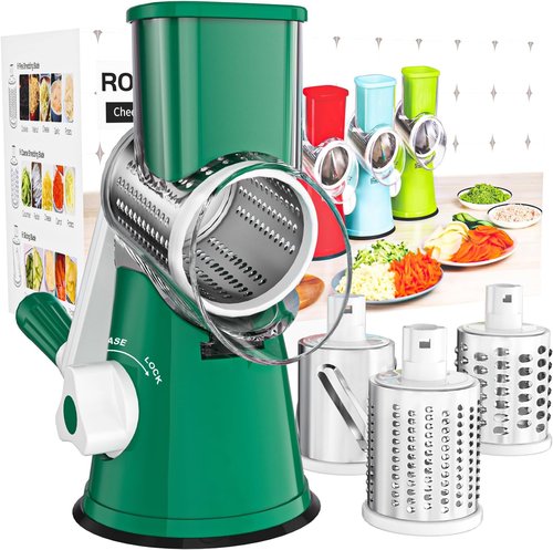 Cambom Rotary Cheese Grater - Hand Crank Shredder for Fresh Cheese & Vegetables | Non-Slip Base, Deep Green