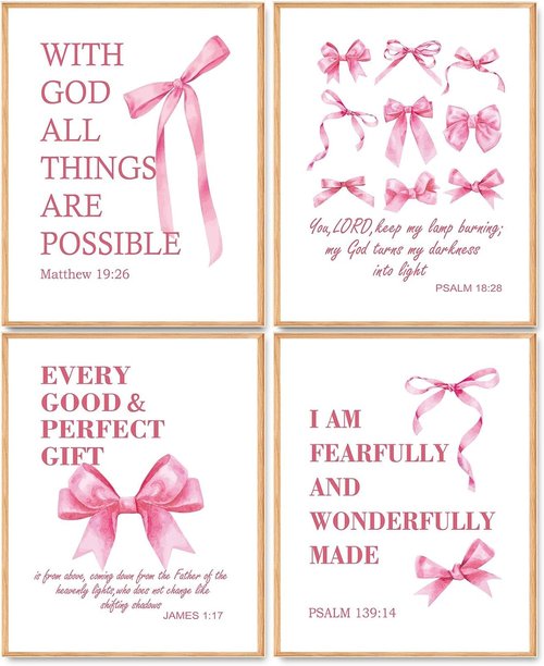 Hapons Coquette Pink Bow Wall Art | Inspirational Christian Decor for Teen Girls - 8''x10'' Unframed Prints (4 PCS)