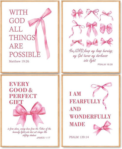 Hapons Coquette Pink Bow Wall Art | Inspirational Christian Decor for Teen Girls - 8''x10'' Unframed Prints (4 PCS)