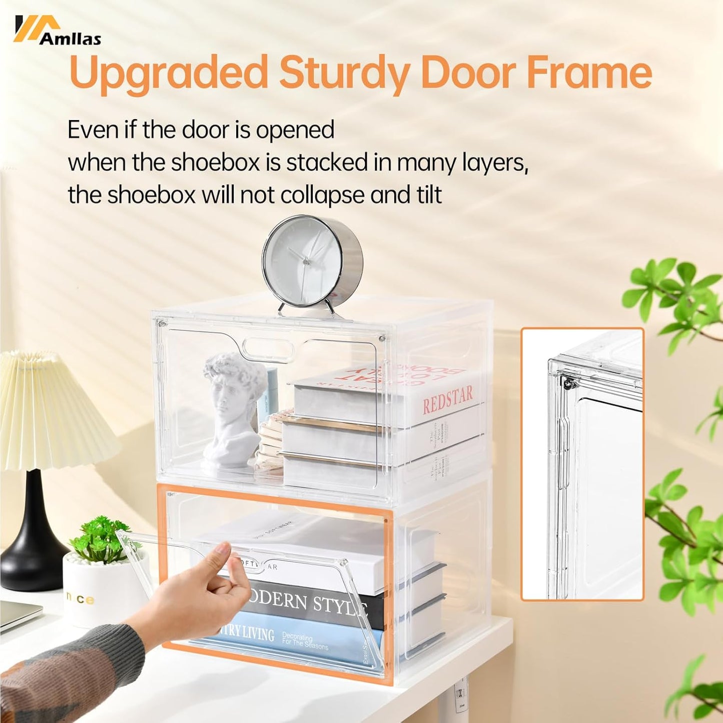 Amllas Clear Plastic Shoe Boxes - Stackable Large Storage Organizers with Lids | Fits Up to US Size 13 (13” x 10.6” x 8.3”)