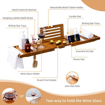 Flyjoe Luxury Teak Bathtub Tray - Foldable Bath Caddy with Expandable Handles, Wine Glass & Phone Holder, Book Stand - Enhance Home Spa Experience with Natural Material - Relaxing & Reading