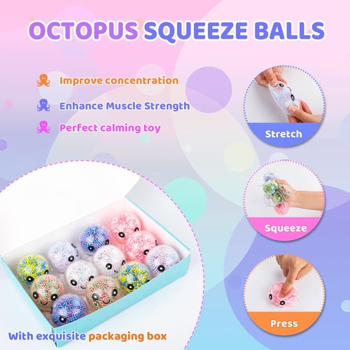 Fidget Stress Balls - 12 Pack Cute Octopus Squeeze Balls for Adults | Stress Relief & Party Favors