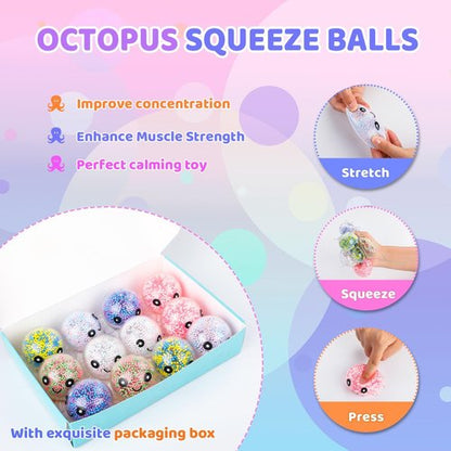 Fidget Stress Balls - 12 Pack Cute Octopus Squeeze Balls for Adults | Stress Relief & Party Favors
