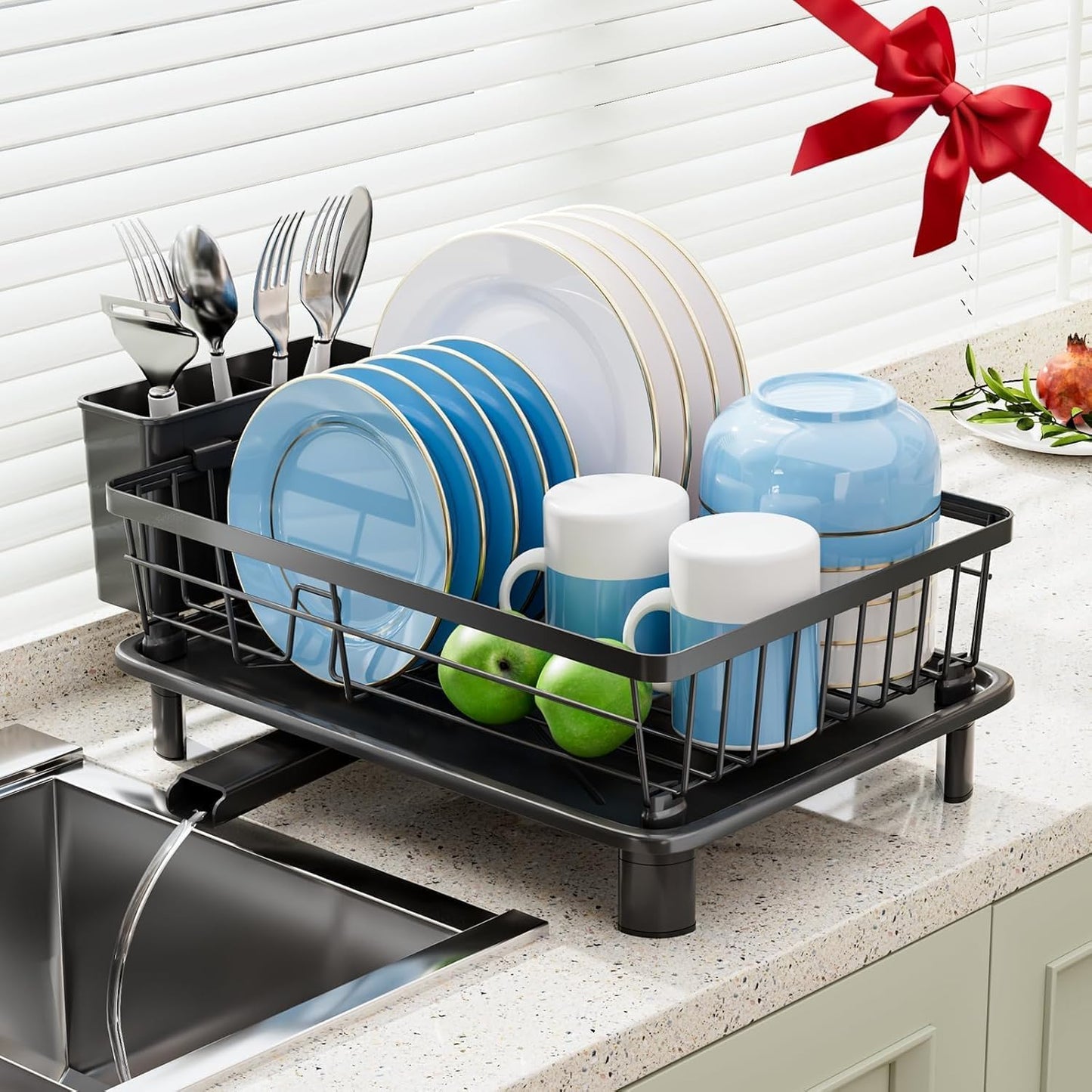 Skiennix Stainless Steel Dish Drying Rack - Removable Utensil Holder & New Drain Outlet | Black 11" W x 15" L