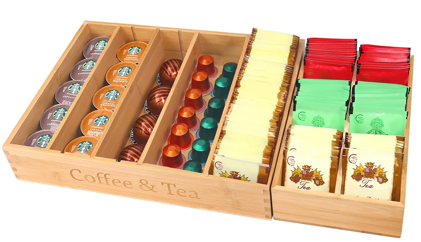 KEVTVEK K Cup Holder Organizer for Drawer or Countertop, 35-70 Coffee pod Holder Organizer, Adjustable K Cup Storage and Tea Bag Organizer for Coffee Station Home Office Bedroom and Kitchen(Bamboo)