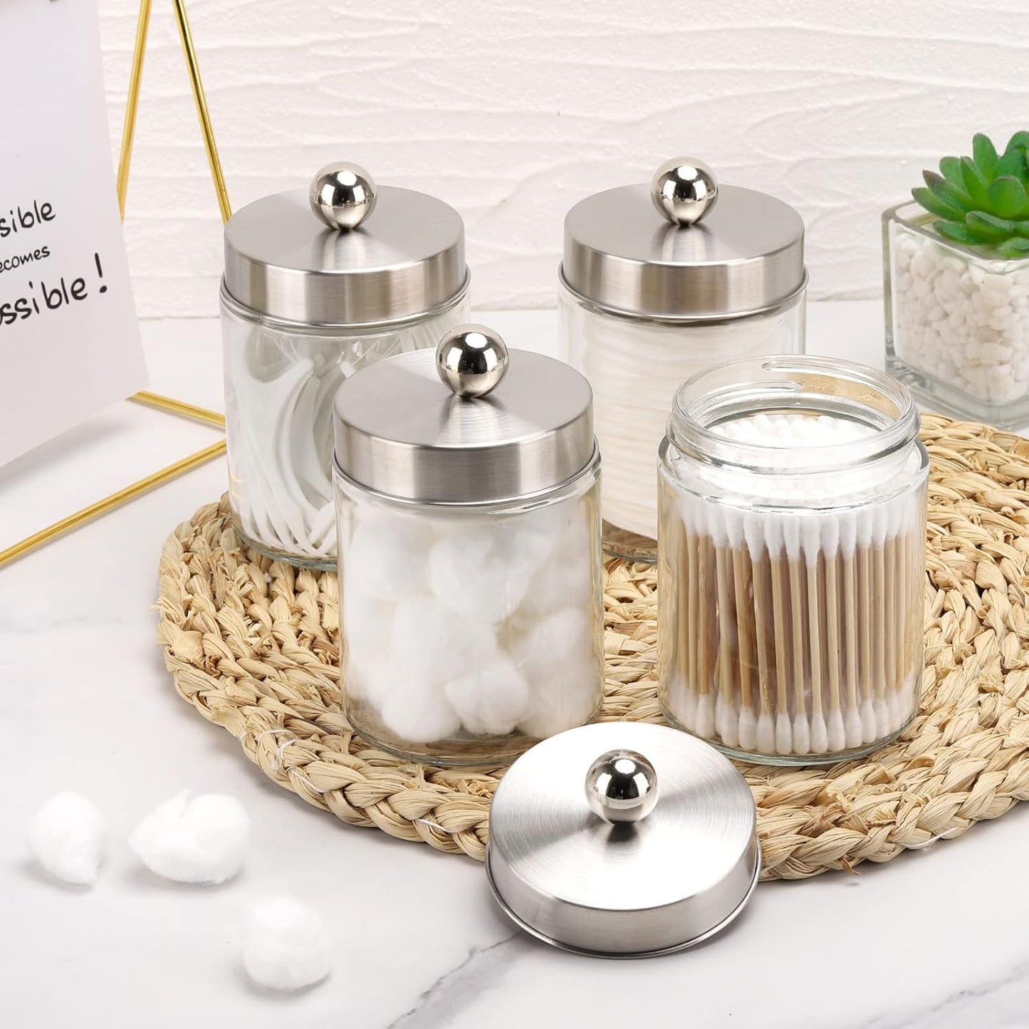Tbestmax Glass Qtip Holder Dispenser - 10-Ounce Bathroom Containers with Metal Lids | 4-Pack Apothecary Jars