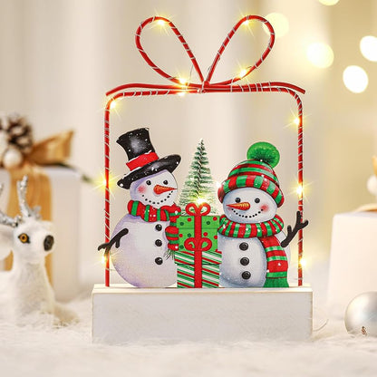 Wooden Lighted Christmas Snowman Tabletop Decor - Battery Operated