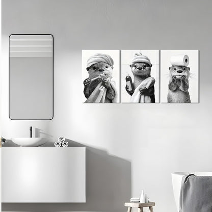 Skiennix Cute Bathroom Otter Canvas Wall Art - Set of 3 Black and White Prints | Funny Farmhouse Decor 12x16 Inch