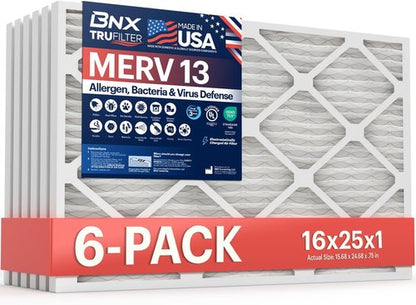 BNX TruFilter MERV 13 Air Filters 16x25x1 (6-Pack) - Electrostatic Pleated for Allergies & Smoke