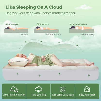 BEDLORE Twin XL Mattress Topper - Soft Bamboo Viscose Pillow Top for Deep Pocket Comfort | Ideal for College Dorms