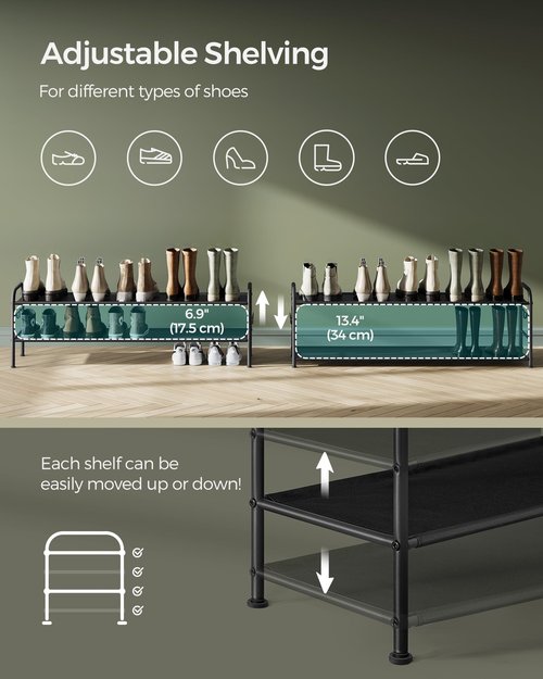 SONGMICS Shoe Rack, 2-Tier Shoe Organizer, Fabric Shoe Shelf Storage with 4 Hooks, Holds up to 12 Pairs of Shoes, Height-Adjustable Shoe Rack for Entryway, Hallway, Closet, Easy Assembly, Ink Black