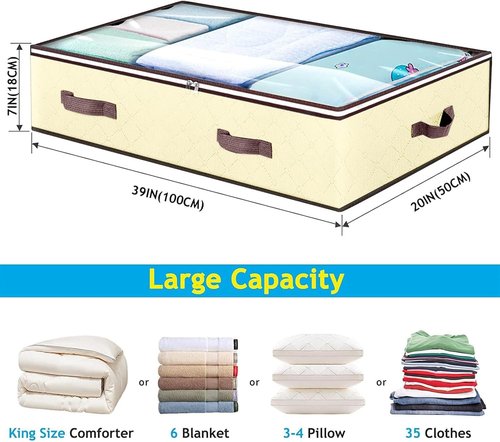 90L Under Bed Storage Containers - Clear Window Organizers for Toys & Clothing | 2 Pack Beige