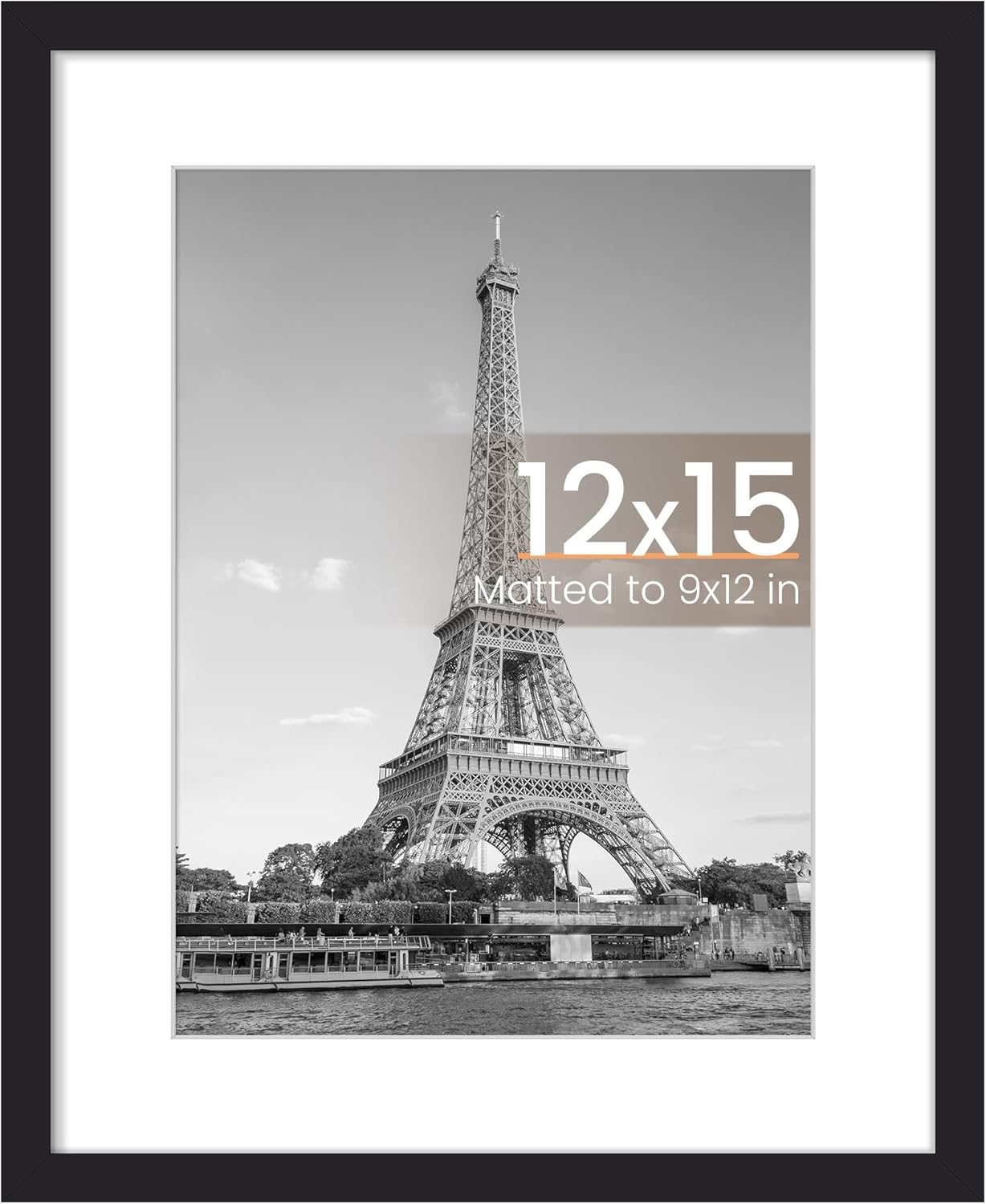 Upsimples 12x15 Photo Frame - Display 9x12 Pictures with Mat or 12x15 Without - Black, 1 Pack