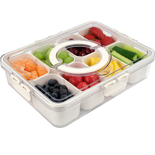 TAROSE Divided Serving Tray with Lid and Handle, Portable Snack Containers Snackle Box Snack Tray with Lid, Veggie Tray Charcuterie Boxes Fruit Tray Candy Organizer (8 Compartments)