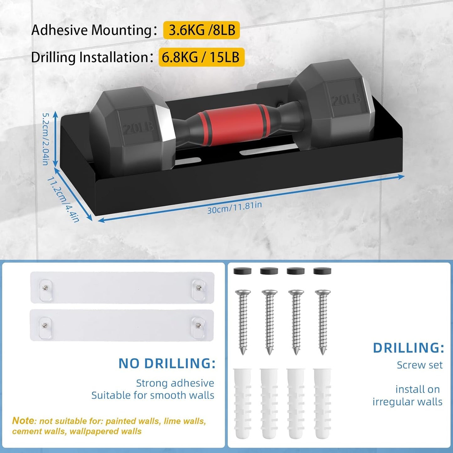 Wisfame Shower Caddy - Rustproof Adhesive Bathroom Shelves with 8 Hooks | Large Capacity, Black