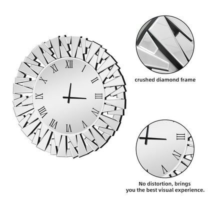 24 Inch Glass Wall Clock - Round Silver Mirror, Silent Battery Operated