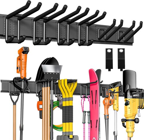 Garage Tool Organizer - Skiennix 48" Heavy-Duty Metal Wall Mount with 3 Rails & 6 Adjustable Hooks