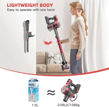 WLOTPO Cordless Vacuum Cleaner - Lightweight Rechargeable Stick Vacuum with Powerful Suction | 35 Min Runtime, Red Grey