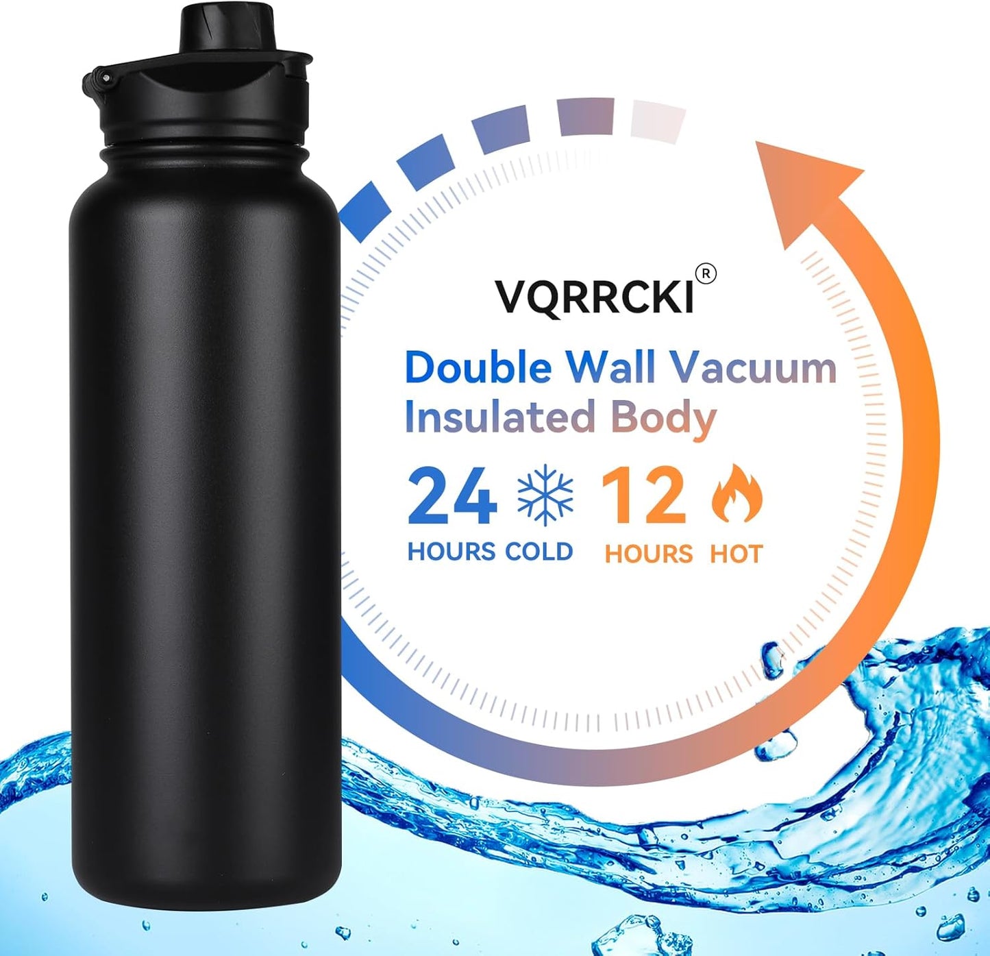 Skiennix 40 Oz Insulated Water Bottle - Stainless Steel, Double Wall, Leakproof | Black with Straw & Wide Mouth Lid