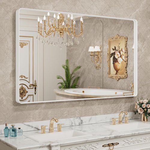 LOAAO Bathroom Mirror - 55x36 Inch White Metal Framed Rounded Rectangle | Anti-Rust Tempered Glass, Versatile Hanging Options