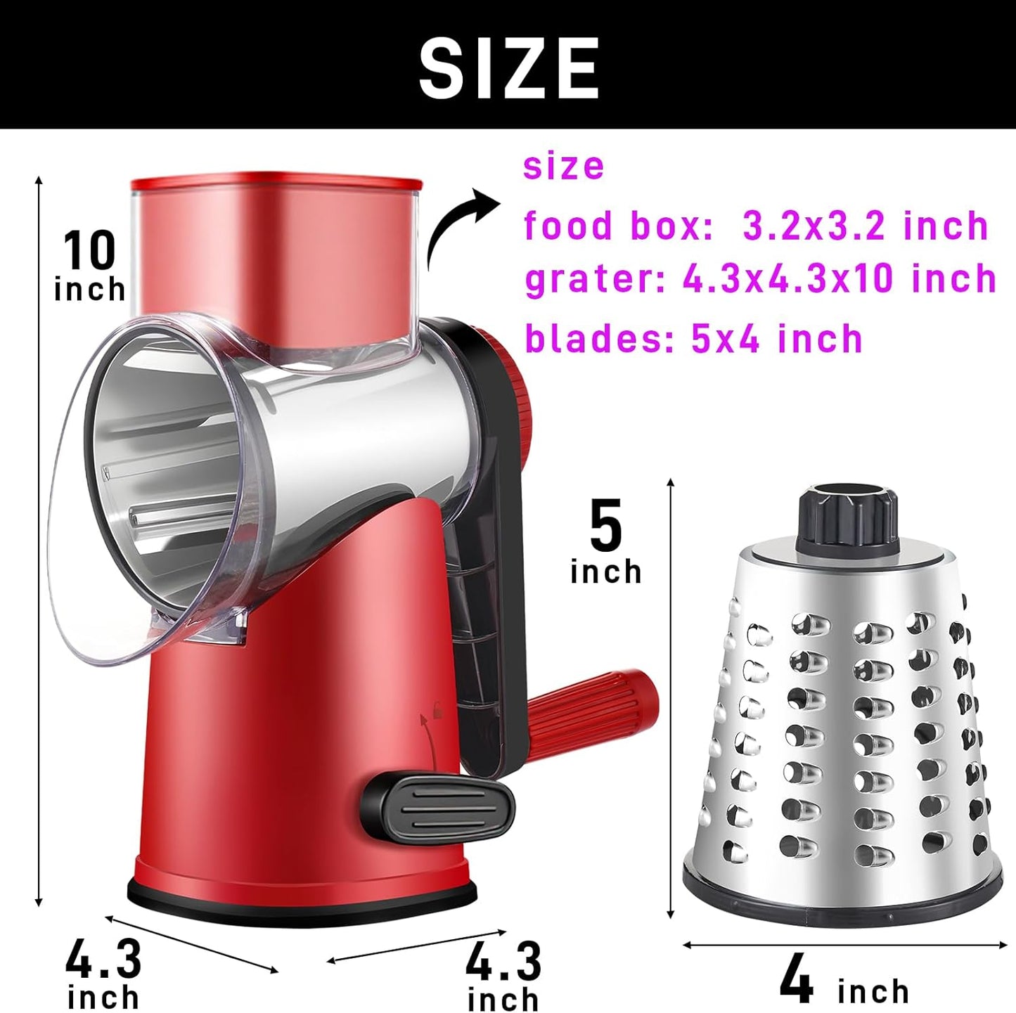 Rotary Cheese Grater by [Brand Name] - Large Hand Crank with 4 Blades & Suction Base | Red & Black