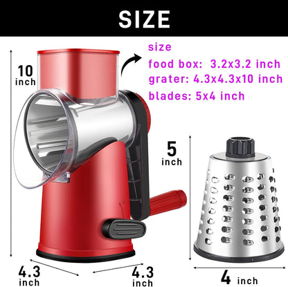 Rotary Cheese Grater by [Brand Name] - Large Hand Crank with 4 Blades & Suction Base | Red & Black