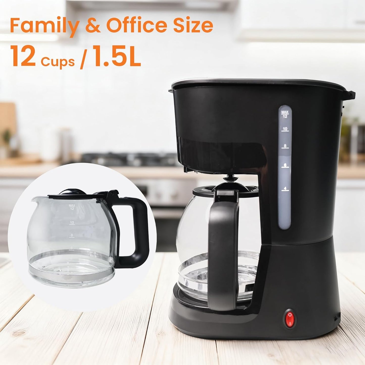 Skiennix 12-Cup Coffee Maker - 1.5L Drip Machine with One-Touch Brewing & Glass Carafe