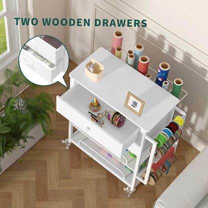 Skiennix Wrapping Paper Organizer - Craft Cart with Ribbon & Gift Bag Storage | 2 Wooden Drawers, White