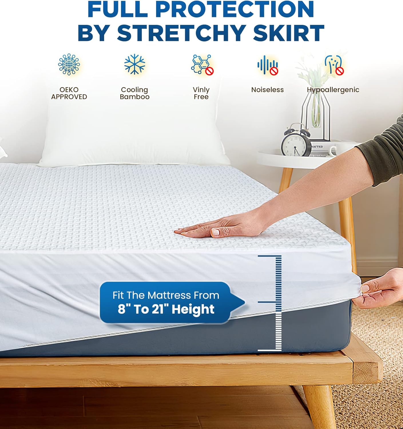 Skiennix 100% Waterproof Queen Mattress Protector - Breathable Cooling 3D Air Fabric, Hypoallergenic & Noiseless, Fits 8-21'' Deep Pocket