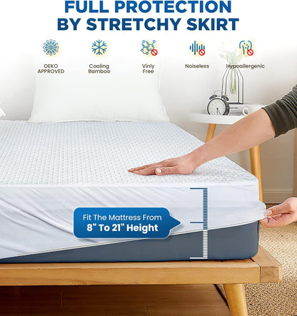 Skiennix 100% Waterproof Queen Mattress Protector - Breathable Cooling 3D Air Fabric, Hypoallergenic & Noiseless, Fits 8-21'' Deep Pocket