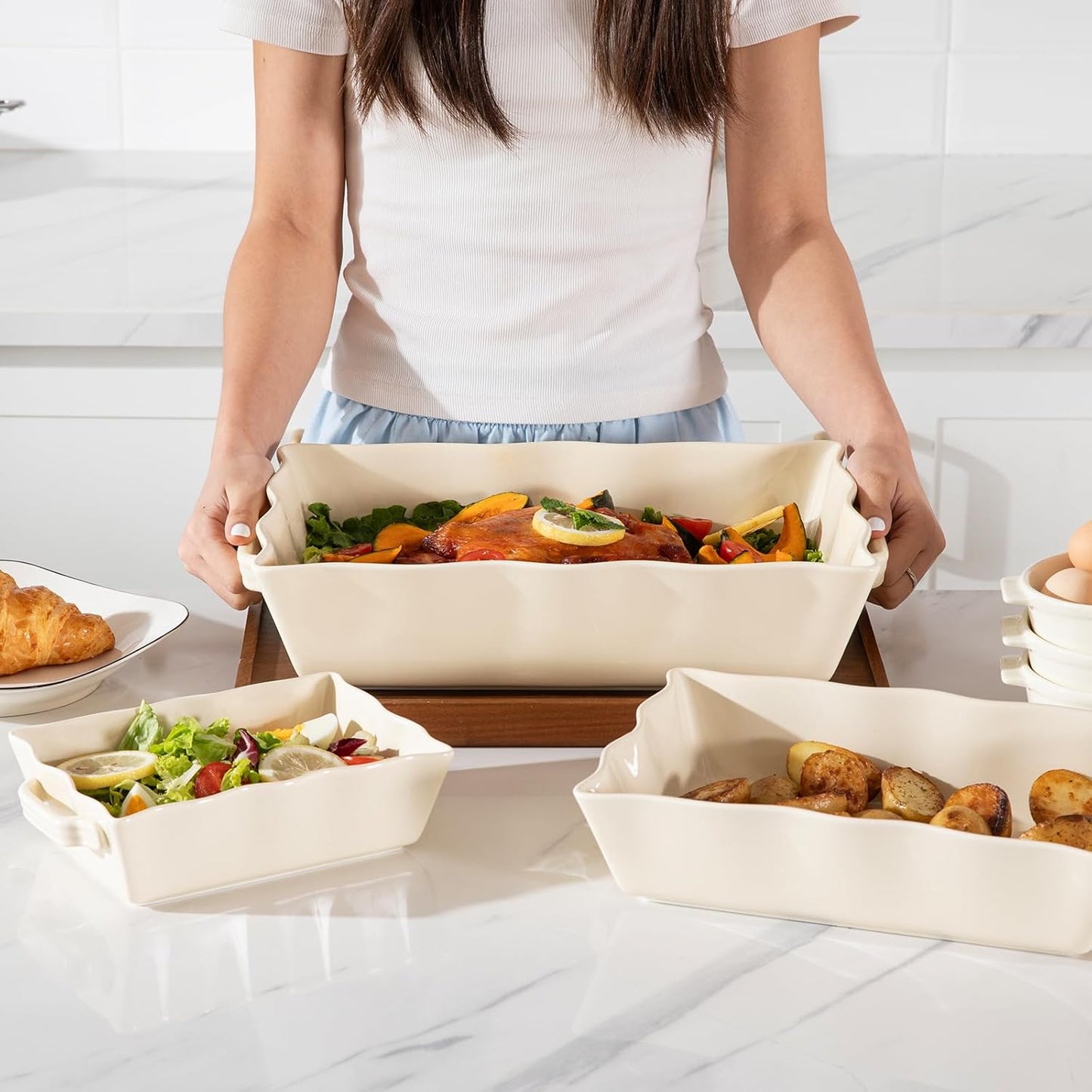 Sweejar Casserole Dishes - Ceramic 9x13 Baking Dish with Handles | Wave Edge Design for Roasting & Baking (Beige)