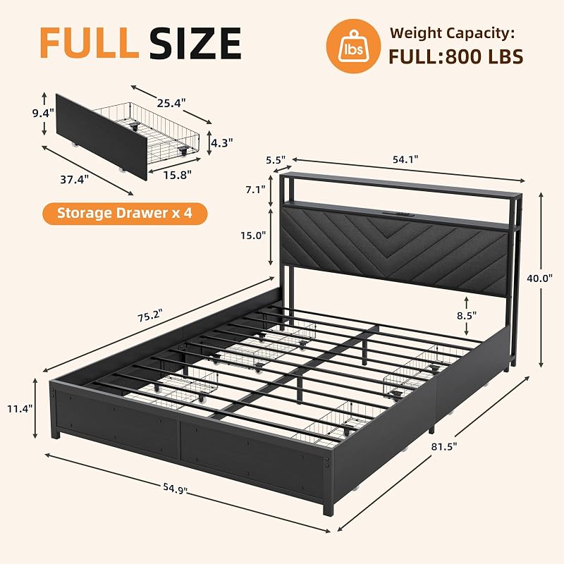 Full Size Bed Frame with Headboard, LED Light & Charging Station – Black (Variation: Black+Full)