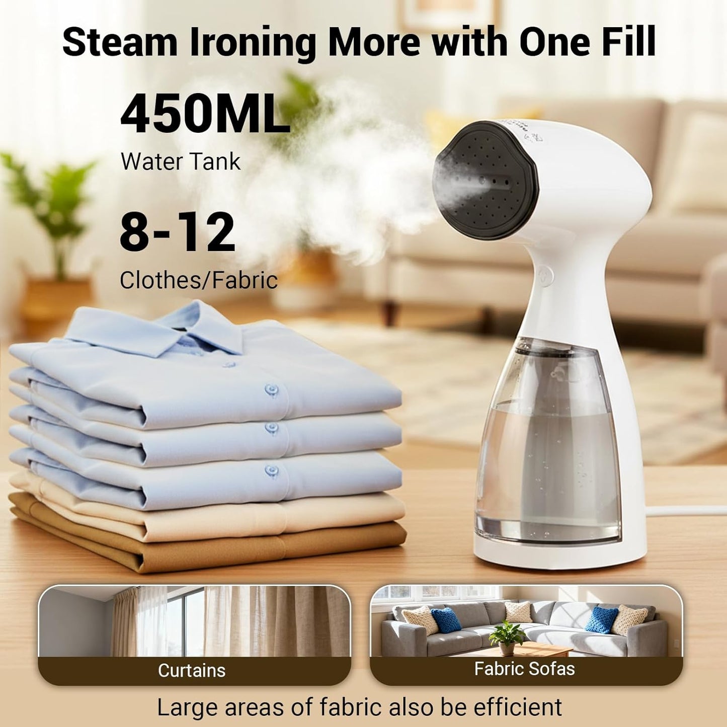 Skiennix Handheld Clothes Steamer - Fast Wrinkle Removal, 450 ML Tank, 10 FT Cord, 1000W, White