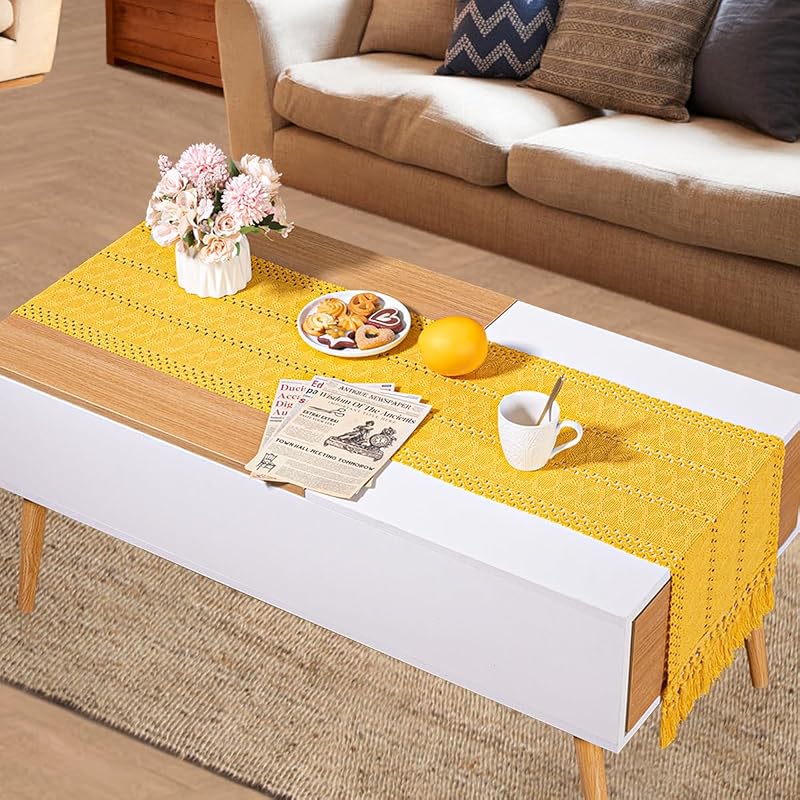 Mustard Yellow Macrame Table Runner 12 x 60 Inches with Tassels - Cotton Linen Blend, Boho Farmhouse Home Decor