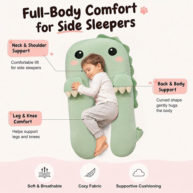 Green Dinosaur U Shaped Kids Body Pillow - Plush Toddler Comfort Pillow