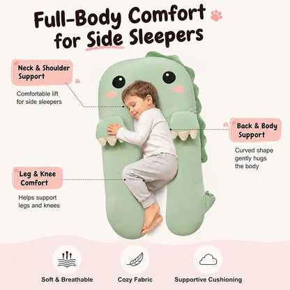 Green Dinosaur U Shaped Kids Body Pillow - Plush Toddler Comfort Pillow