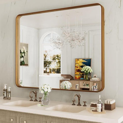 LOAAO Bathroom Mirror - 40x30 Inch Rounded Rectangle with Wood Grain Metal Frame | Anti-Rust, Versatile Hanging Options