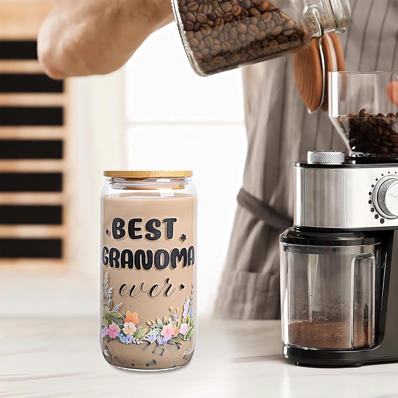 Can Glass Coffee Mug with Lid & Straw 16 Oz Gift for Grandma Variation: flower awesome grandma