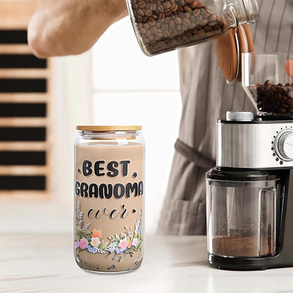 Can Glass Coffee Mug with Lid & Straw 16 Oz Gift for Grandma Variation: flower awesome grandma