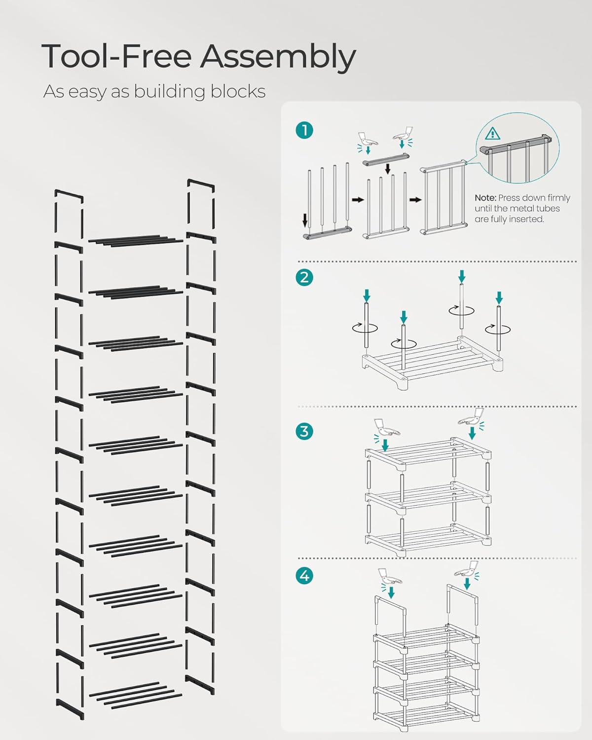 SONGMICS 10-Tier Shoe Rack - Versatile Metal Organizer for 11-22 Pairs | Black, 11.8 x 17.7 x 68.5 Inches