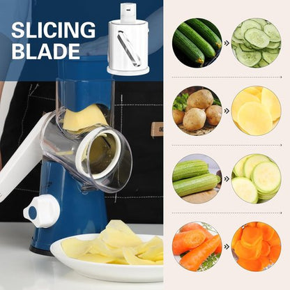 Cambom Rotary Cheese Grater - Hand Crank Shredder for Fresh Cheese & Vegetables | Non-Slip Base, Deep Blue